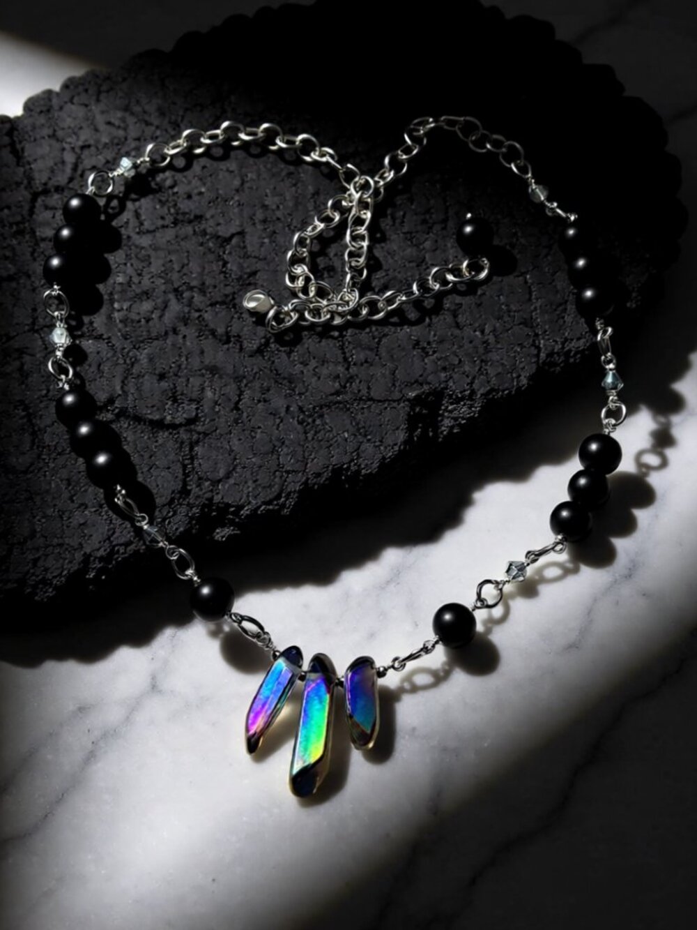 Handmade! Electroplated Quartz + Black Stone Beads - Adjust. Necklace app. 22" - Picture 9 of 12